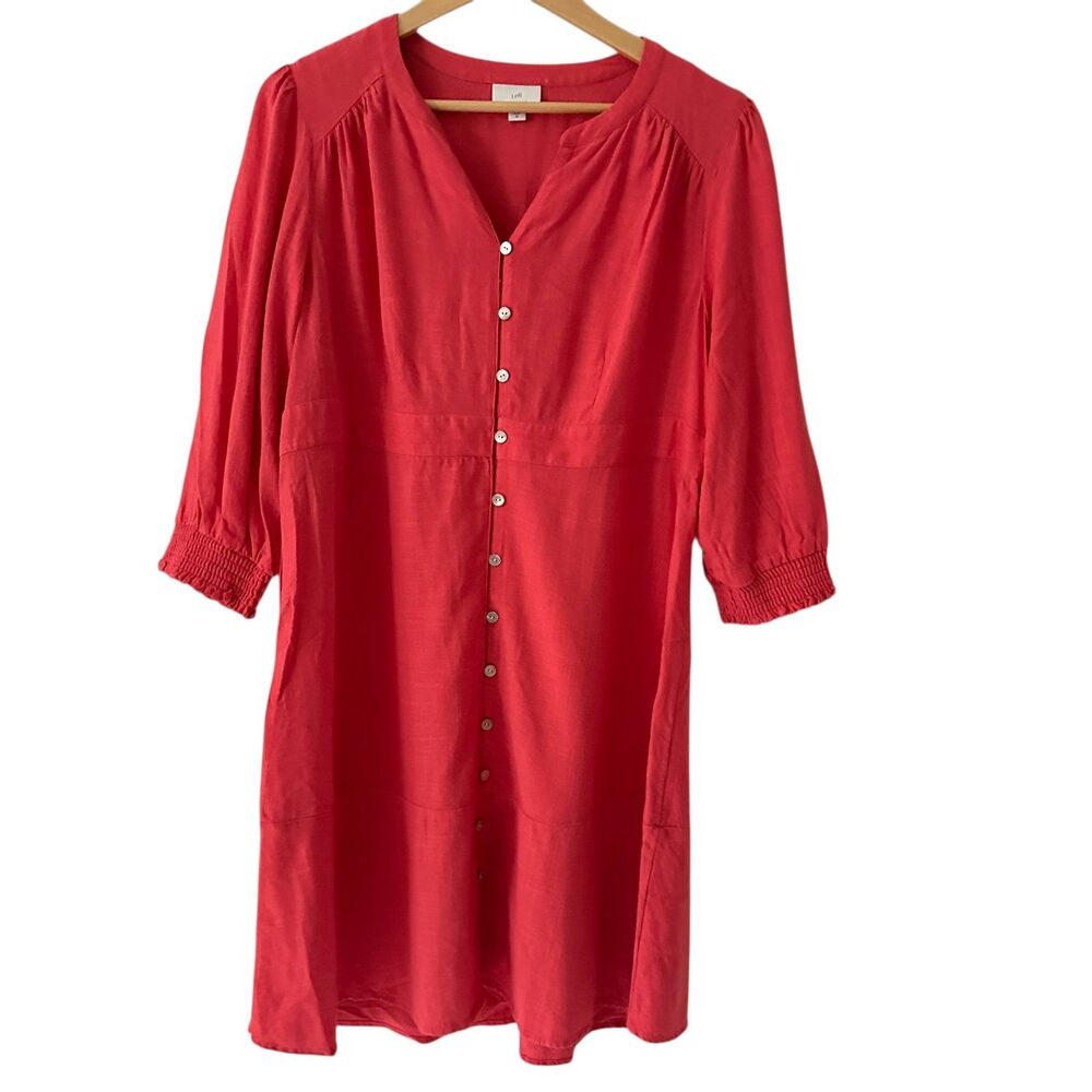 J. Jill Pink V-Neck 3/4 Puff Sleeve Full Button Viscose Linen Midi Dress Size M